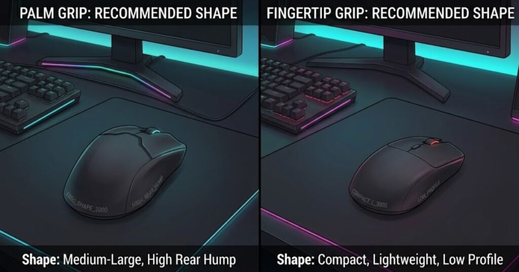 Comparison of gaming mouse shapes recommended for Palm Grip and Fingertip Grip users.