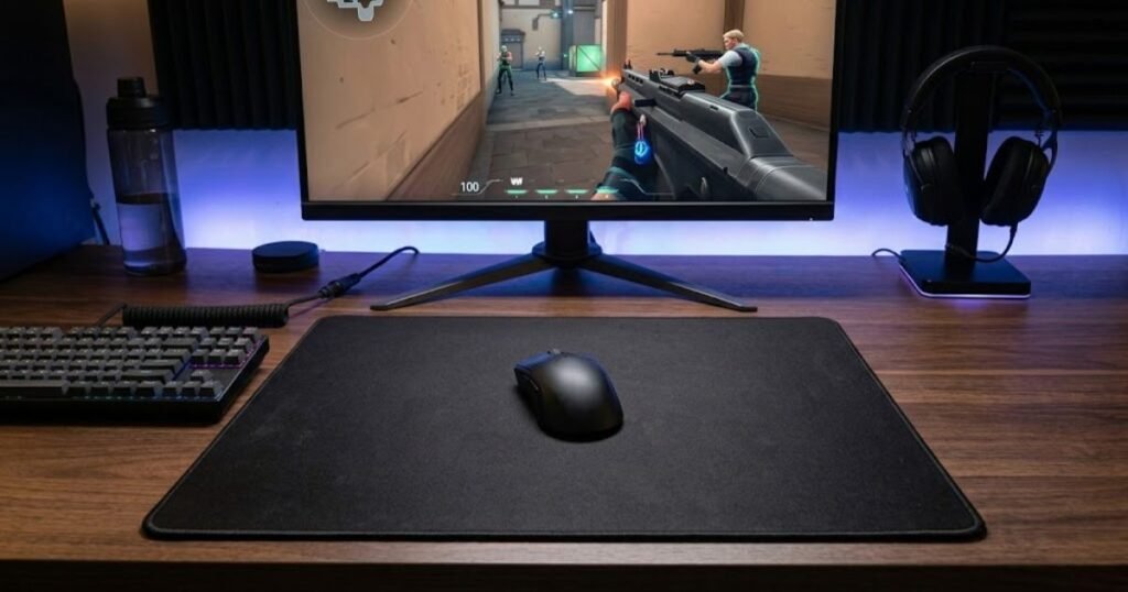 A wireless gaming mouse placed on a gaming mouse pad in front of a monitor displaying an FPS game.