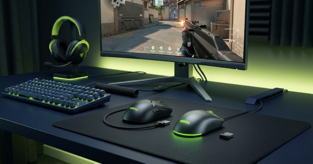 Two FPS gaming mice side by side on a dark gaming desk, representing a choice between balanced 4000Hz and maximum 8000Hz polling rate.
