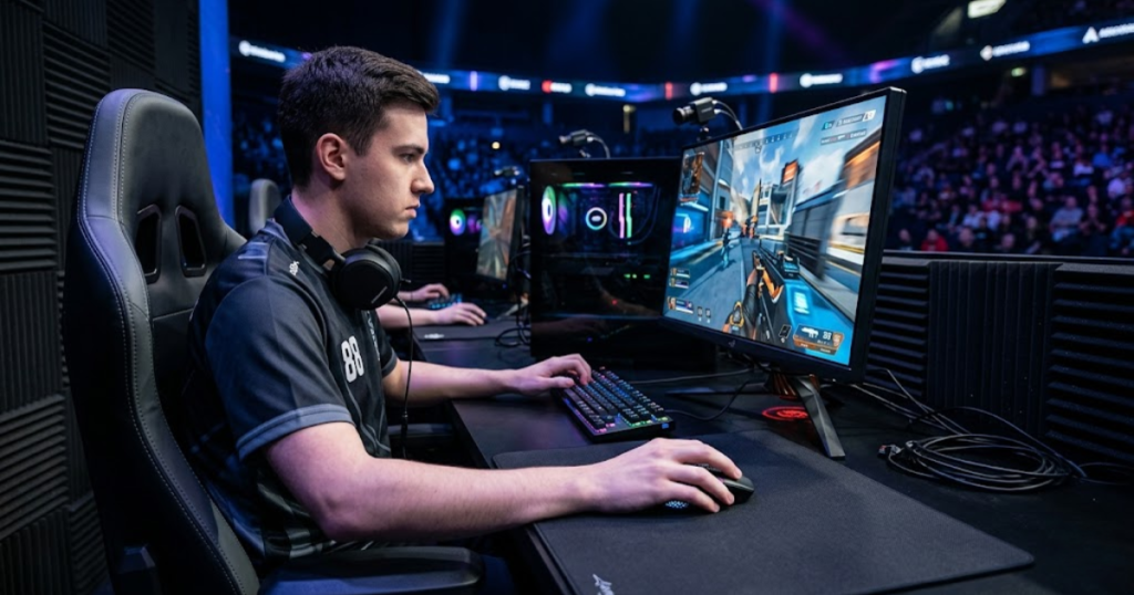 Competitive FPS gaming setup featuring a lightweight gaming mouse and high refresh rate monitor