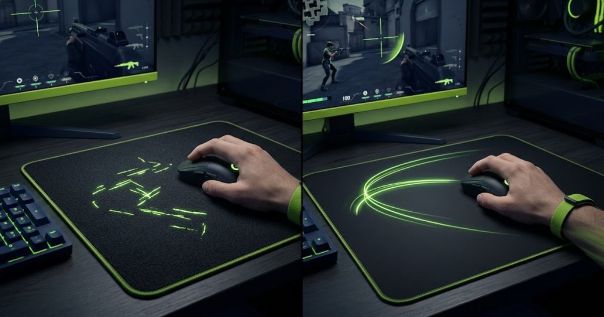 A speed-focused gaming mouse pad with a lightweight gaming mouse moving quickly across the surface during fast-paced FPS gameplay.