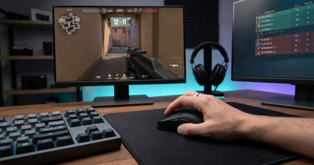 A player using an ergonomic gaming mouse while playing a tactical first-person shooter game.