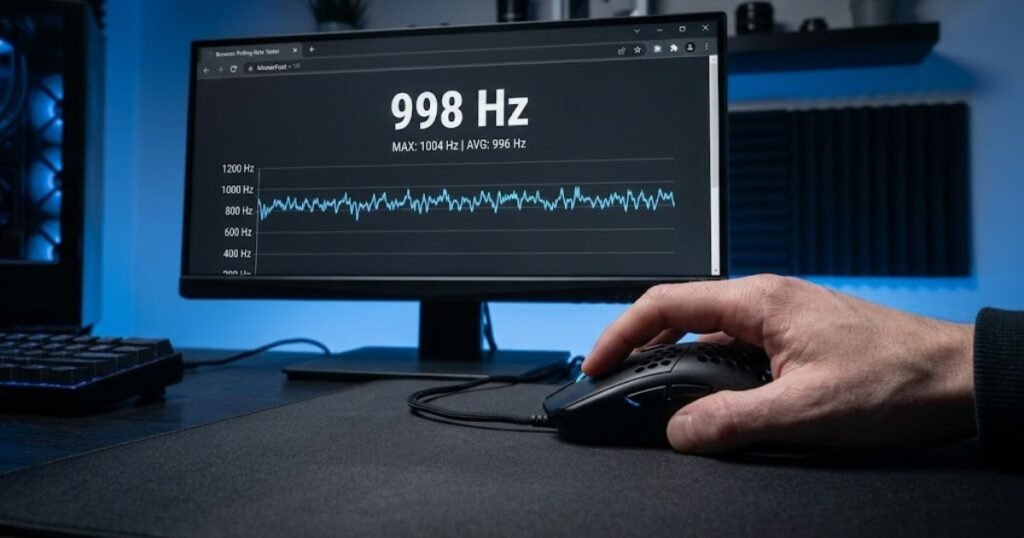 A browser window displays a live mouse polling rate graph while a gaming mouse is moved across a mouse pad.