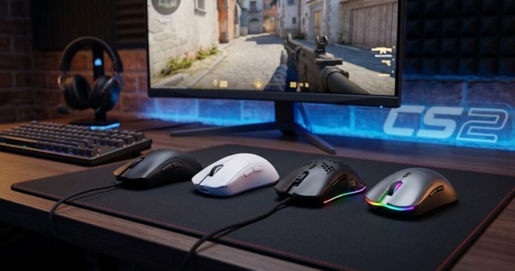 Several wired and wireless gaming mice displayed side by side on a gaming desk used for competitive FPS gaming.
