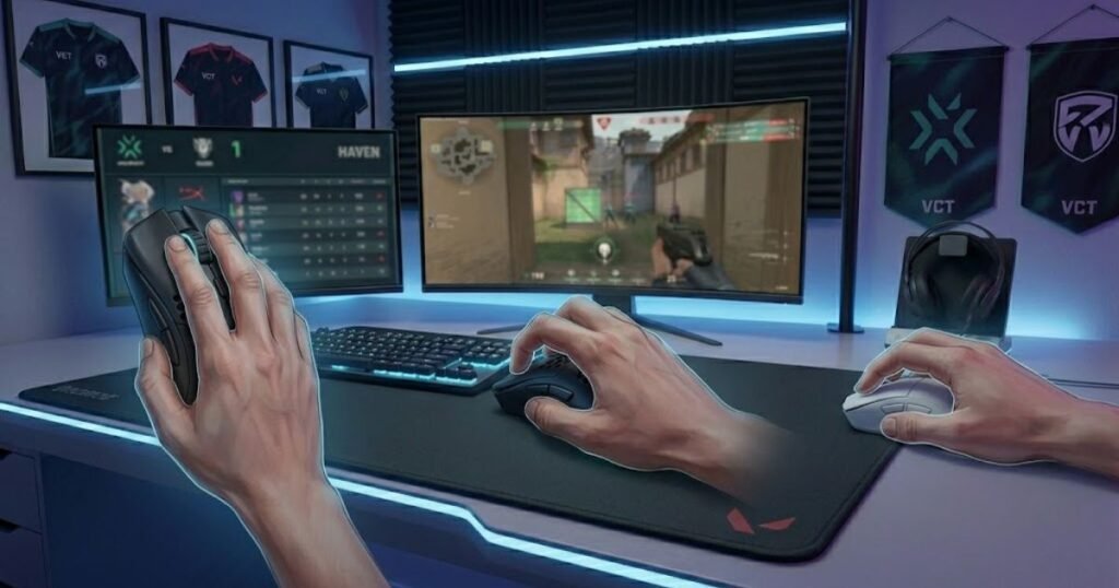 Three different hand grip styles demonstrated on gaming mice for FPS gaming