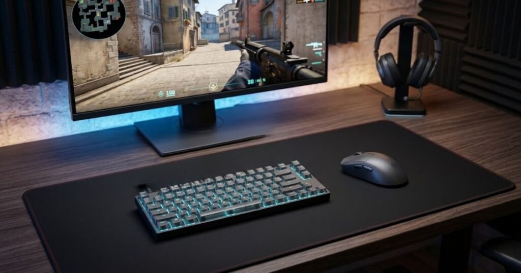 Several gaming mice of different shapes and sizes displayed beside hand size references on a desk.