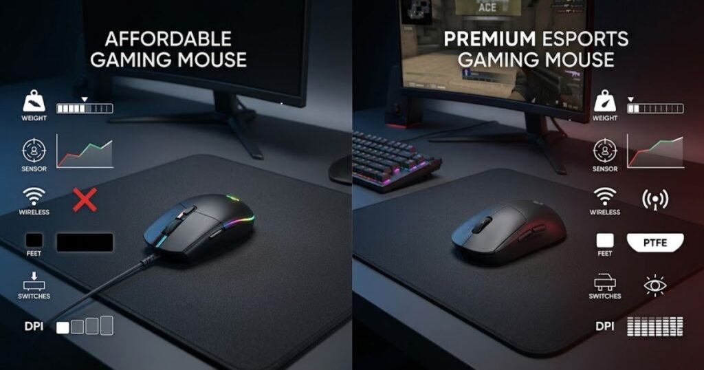 Two gaming mice displayed side by side representing budget and premium categories