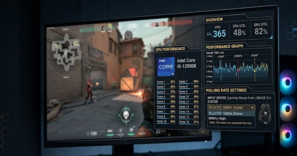 Gaming performance monitor showing CPU usage, FPS counter, frame-time graph, and polling rate settings