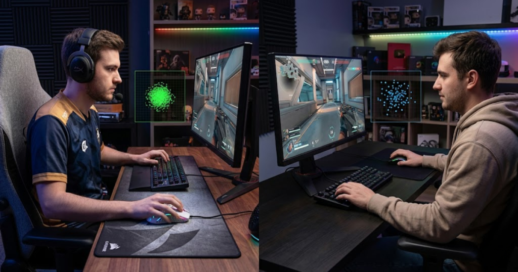 Two FPS gamers testing different gaming mouse polling rates in separate gaming setups.