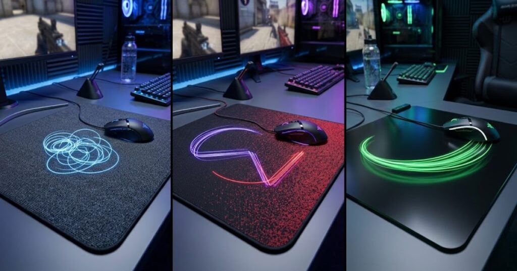 Comparison of three gaming mouse pad categories showing different aiming styles and movement patterns.
