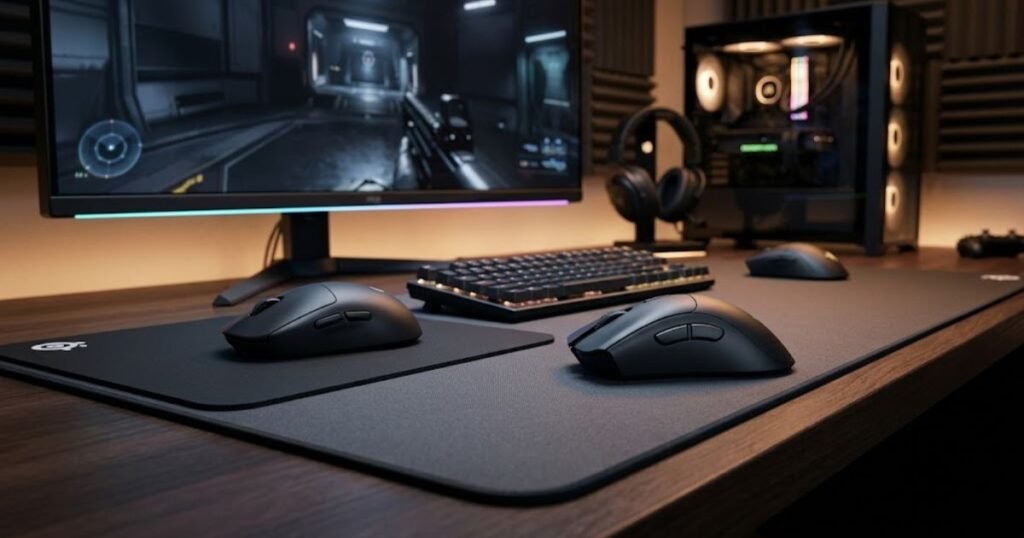 A symmetrical gaming mouse and an ergonomic gaming mouse displayed side by side on a gaming desk setup