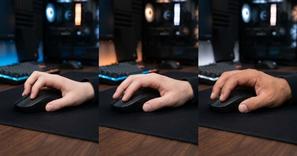 Small, medium, and large hands holding different gaming mouse sizes for claw grip use