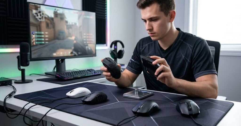 A gamer comparing several gaming mice on a desk before selecting one