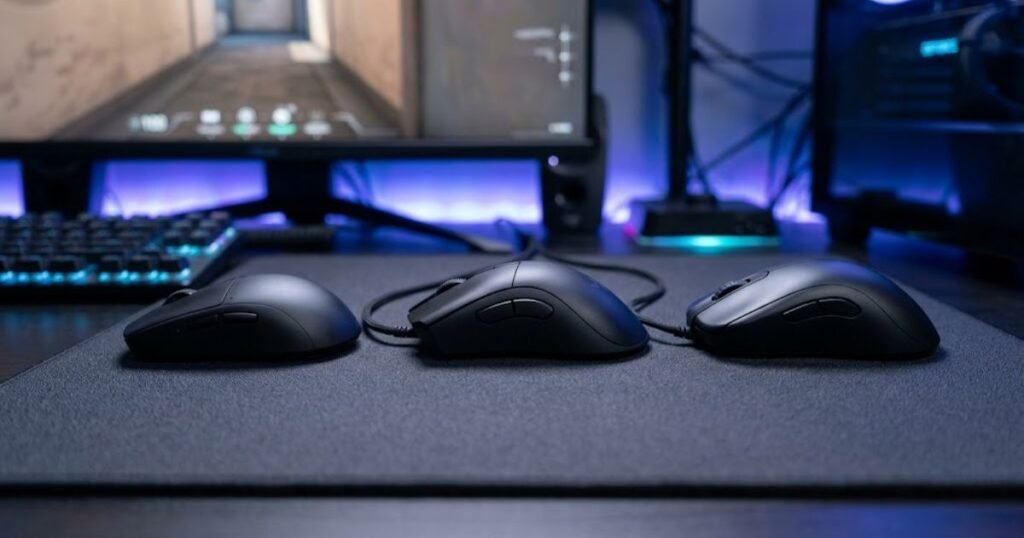 Three gaming mice with low, medium, and high hump profiles arranged side by side for FPS gaming comparison