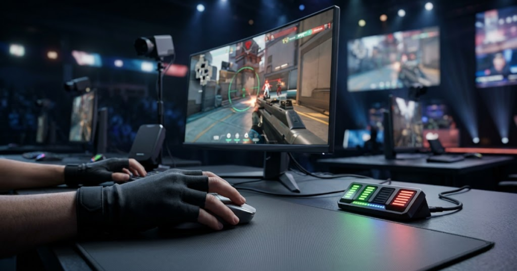An FPS player comparing gaming mouse settings on a monitor while evaluating different polling rate options