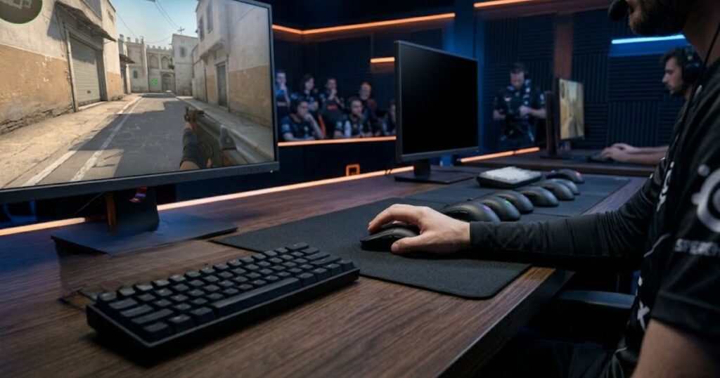 Competitive FPS player comparing gaming mice before making a purchase decision