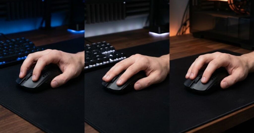 A comparison showing a hand using claw grip, palm grip, and fingertip grip on gaming mice