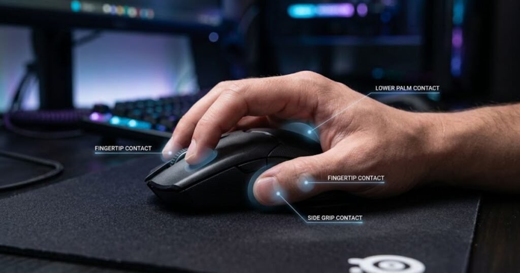A gaming mouse held with a claw grip, showing palm support, fingertip control, and side grip contact points.