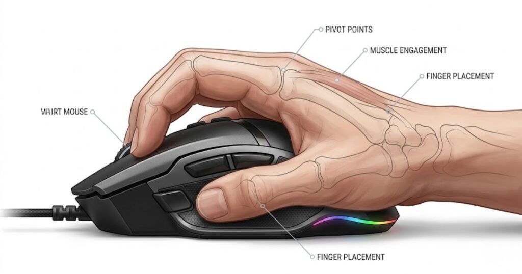 A hand holding a gaming mouse with curved fingers and partial palm contact demonstrating a claw grip position