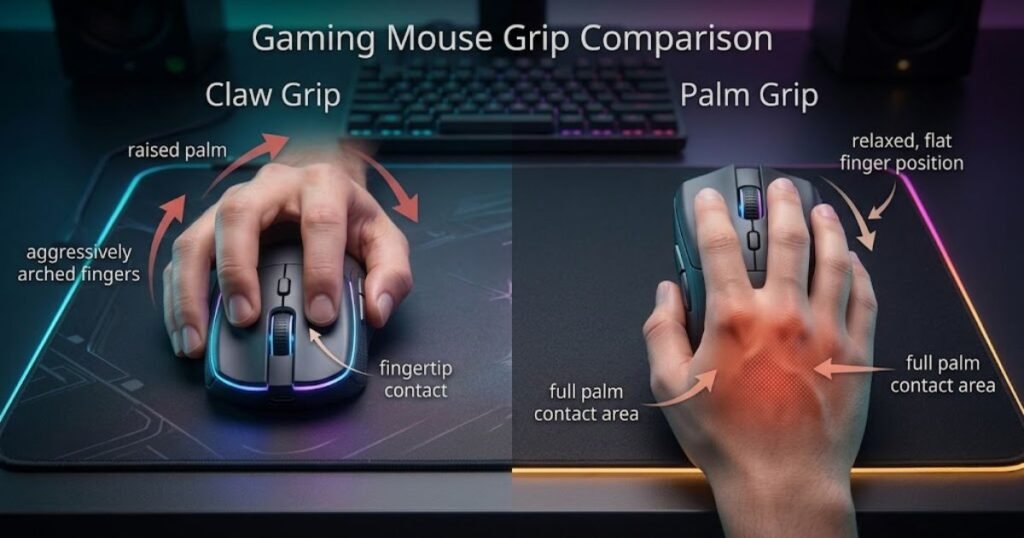 Two hands demonstrate claw grip and palm grip on identical gaming mice with different hand positions.