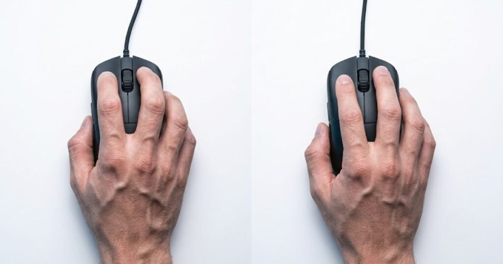 Two hands demonstrate Claw Grip and Fingertip Grip on identical gaming mice from a top-down perspective.