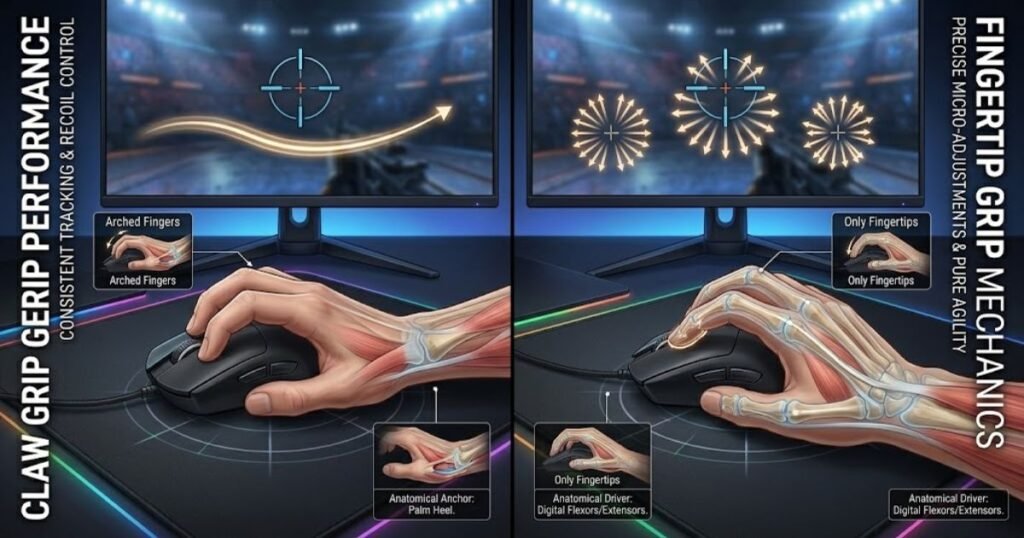 Comparison of Claw Grip and Fingertip Grip during tracking and precision aiming in FPS games.