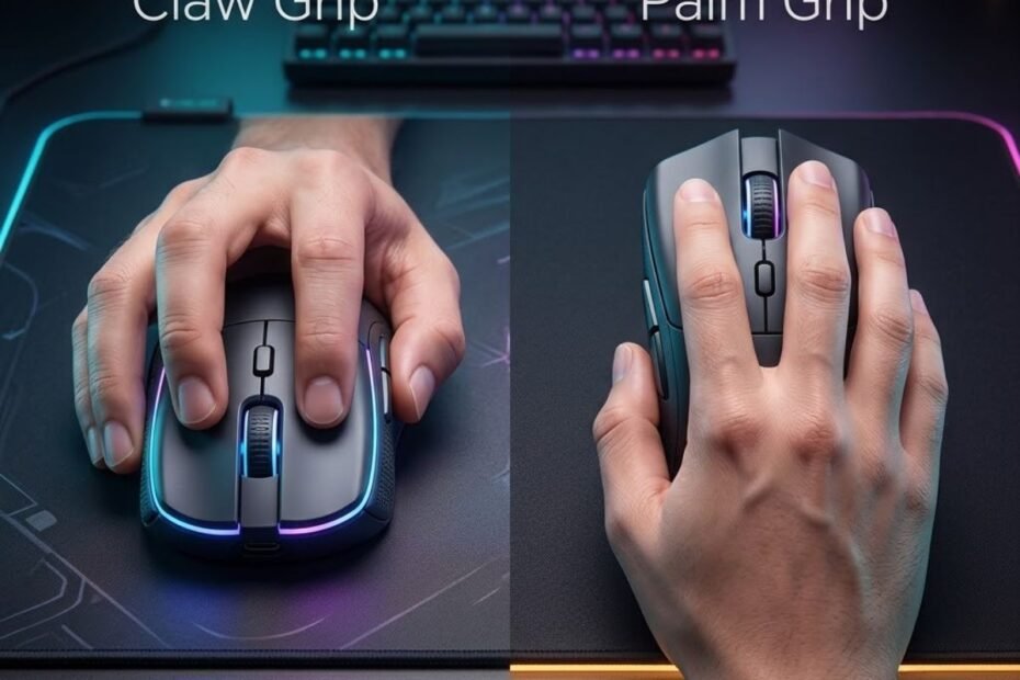 A comparison of a hand using claw grip and another hand using palm grip on two gaming mice placed side by side.