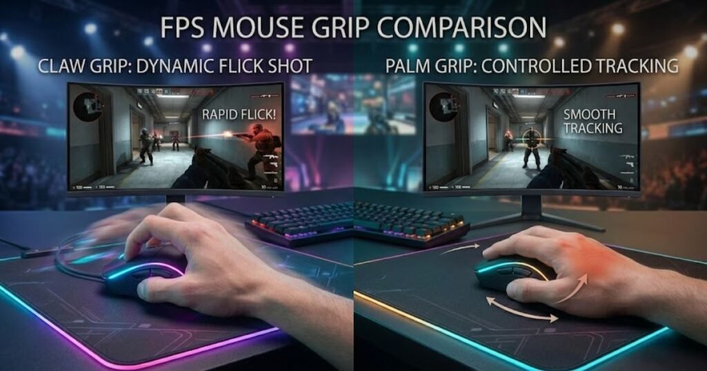 Comparison showing claw grip during a flick shot and palm grip during target tracking in an FPS game.