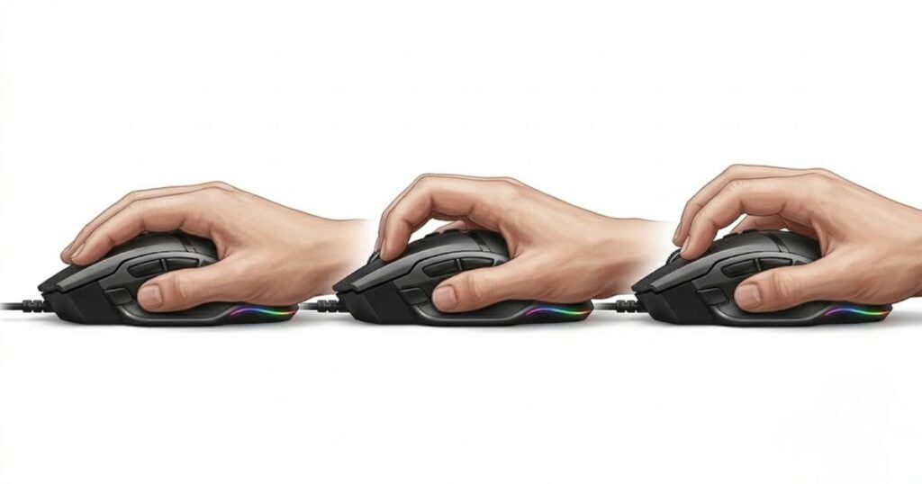 Three side by side illustrations showing palm grip, claw grip, and fingertip grip hand positions on gaming mice