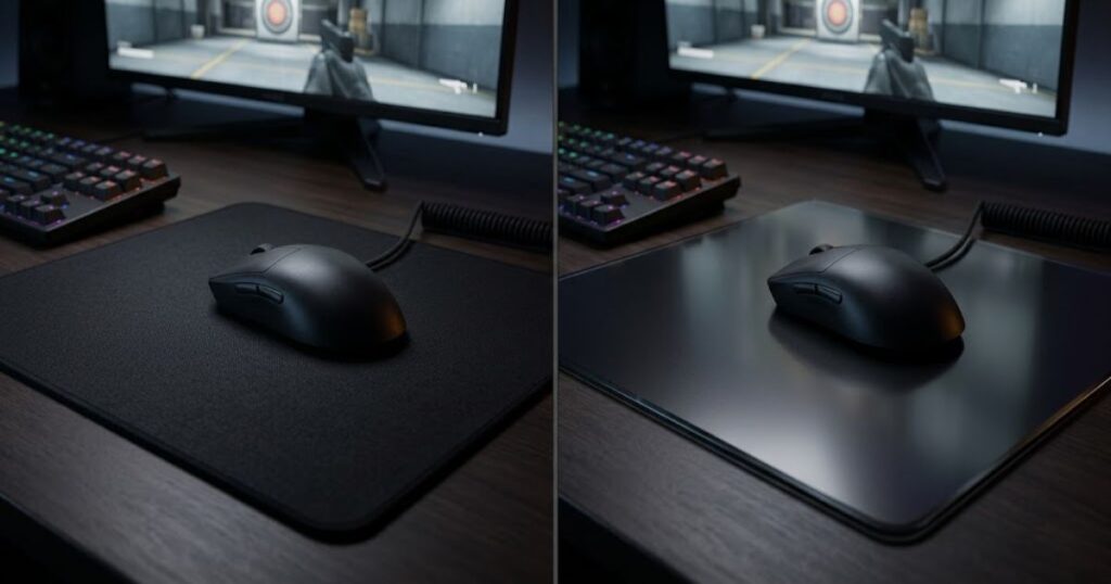 A gaming mouse positioned on both a cloth mouse pad and a glass mouse pad for comparison.