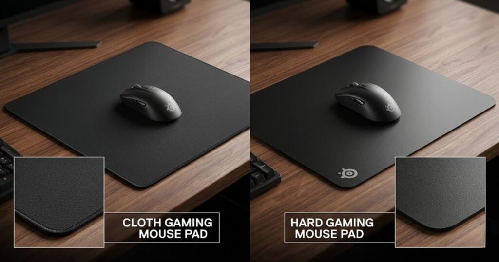 Gaming mouse placed on a cloth mouse pad and a hard mouse pad for comparison
