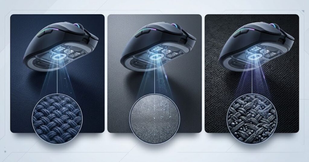 Three different mouse pad surfaces including cloth, hard, and hybrid materials shown beneath a gaming mouse sensor.