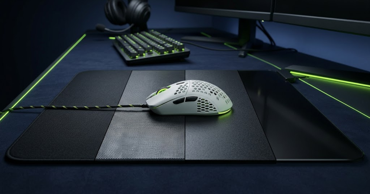Four FPS gaming mouse pad surfaces including cloth, hybrid, hard, and glass materials displayed side by side with a gaming mouse for comparison.