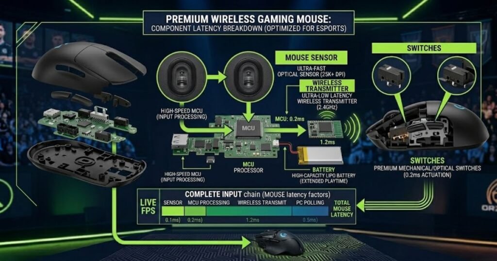 Exploded gaming mouse showing internal components including sensor and wireless circuitry