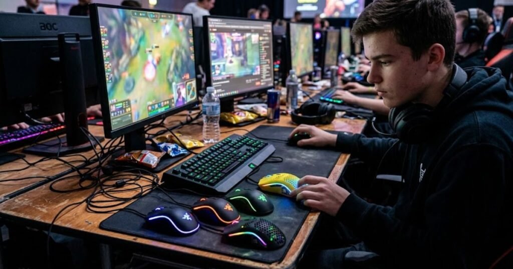 Person comparing several gaming mice while focusing on RGB lighting and product specifications
