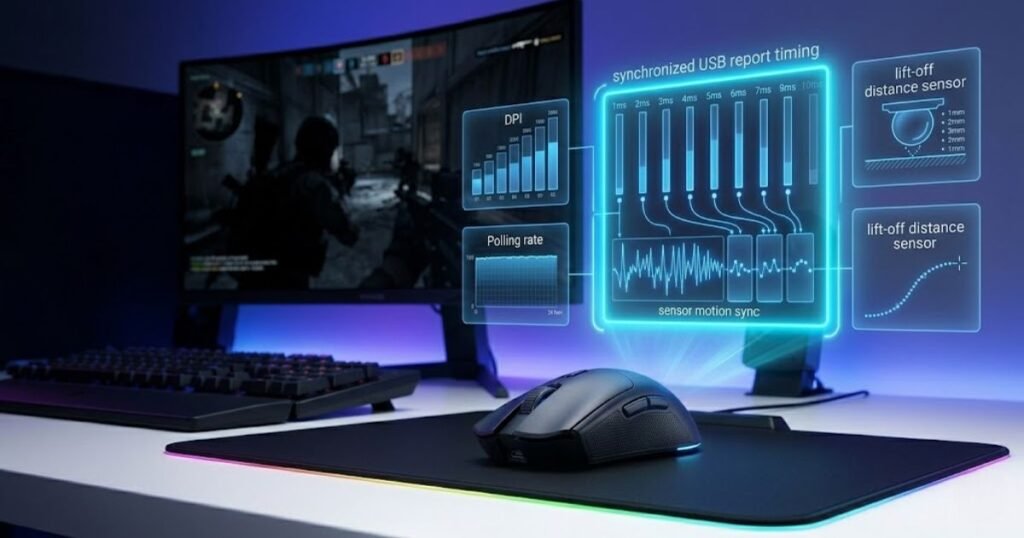 A gaming mouse beside visual indicators showing report timing while separate icons represent DPI, polling rate, and lift-off distance remaining unchanged.