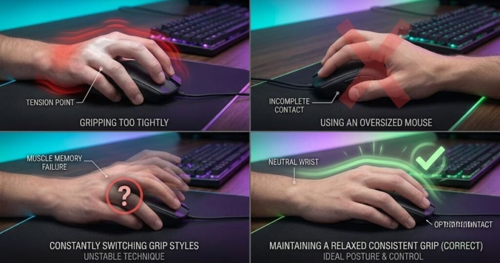Illustration showing common mistakes when choosing and using mouse grip styles for FPS gaming.