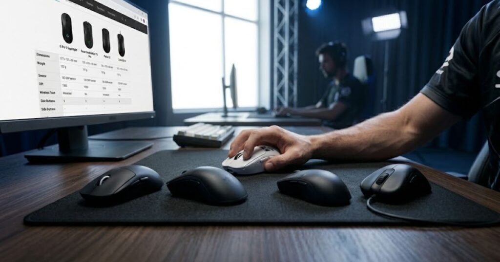 Player evaluating multiple gaming mice on a desk before making a purchase decision
