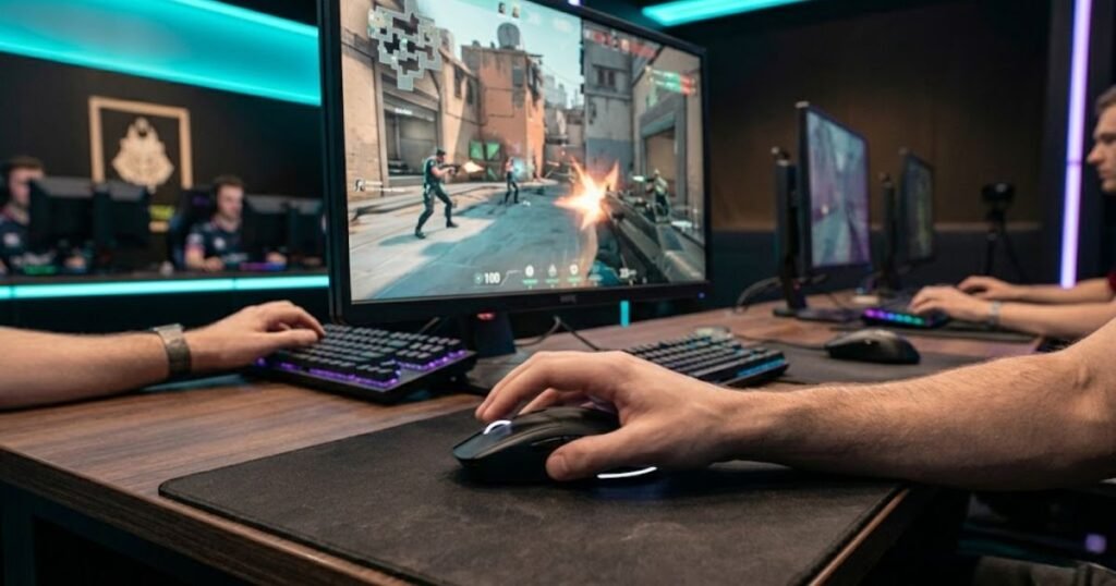 An esports player moving a gaming mouse across a large mouse pad during a competitive FPS match.