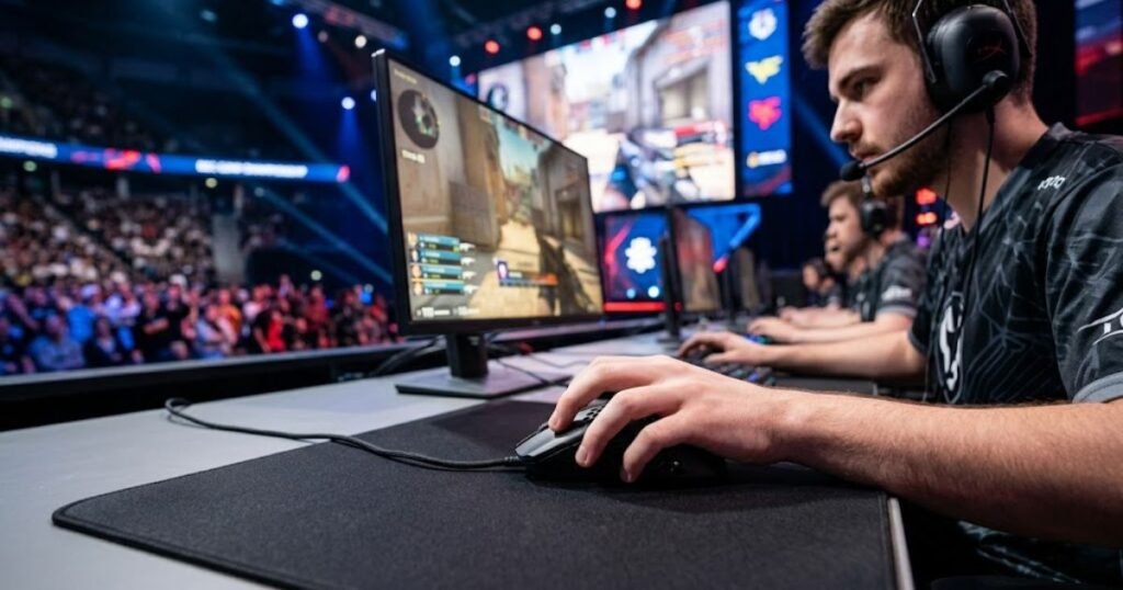 An esports player using a lightweight gaming mouse during a competitive FPS match