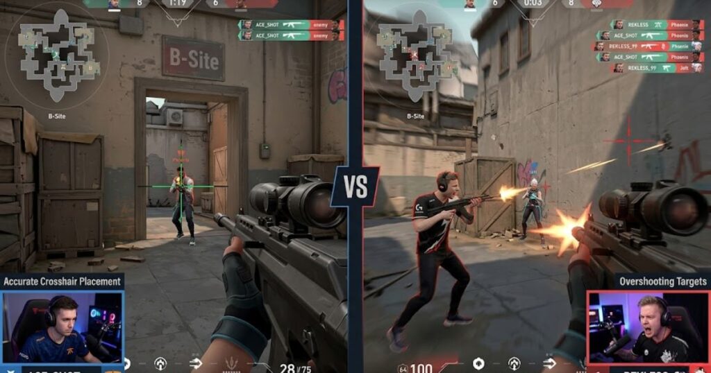 A split-screen comparison showing one FPS player keeping the crosshair accurately on target and another player overshooting and undershooting targets during gameplay.
