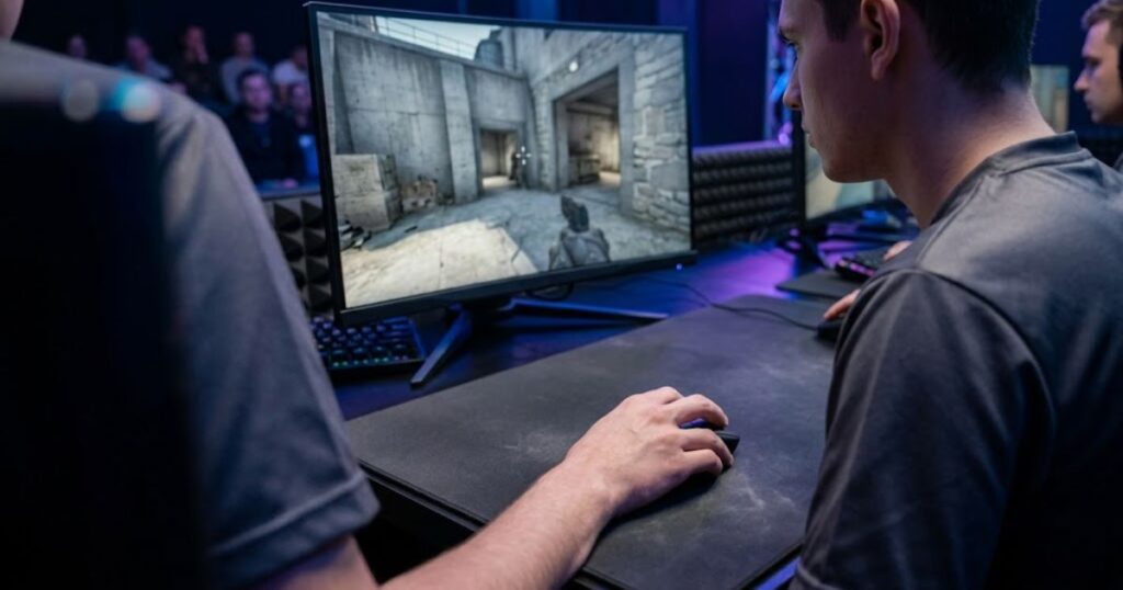 Competitive FPS player using a gaming mouse on a large cloth mouse pad while aiming carefully in a tactical shooter.