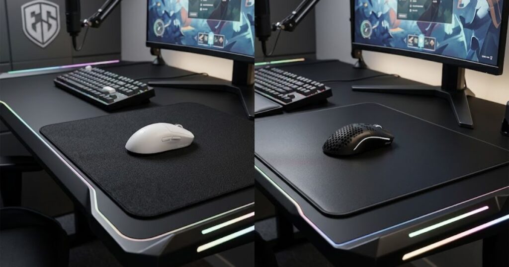 Two gaming mouse pads placed side by side, one designed for control and one designed for speed, with a gaming mouse positioned on each surface.