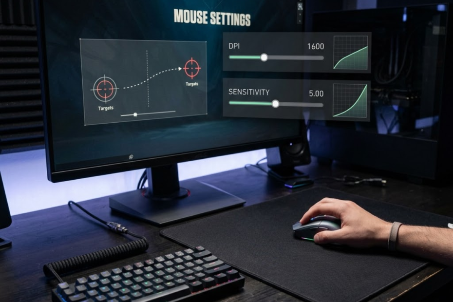 Gaming mouse on a mousepad next to a monitor displaying FPS sensitivity settings used to compare DPI and sensitivity