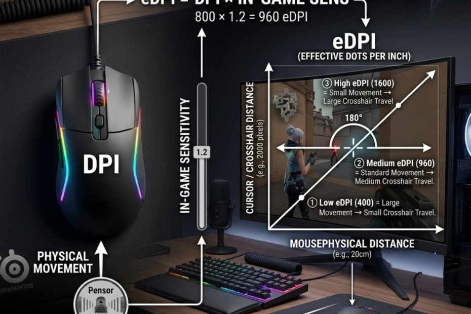 Gaming mouse beside a sensitivity diagram comparing DPI and eDPI measurements used in FPS games.