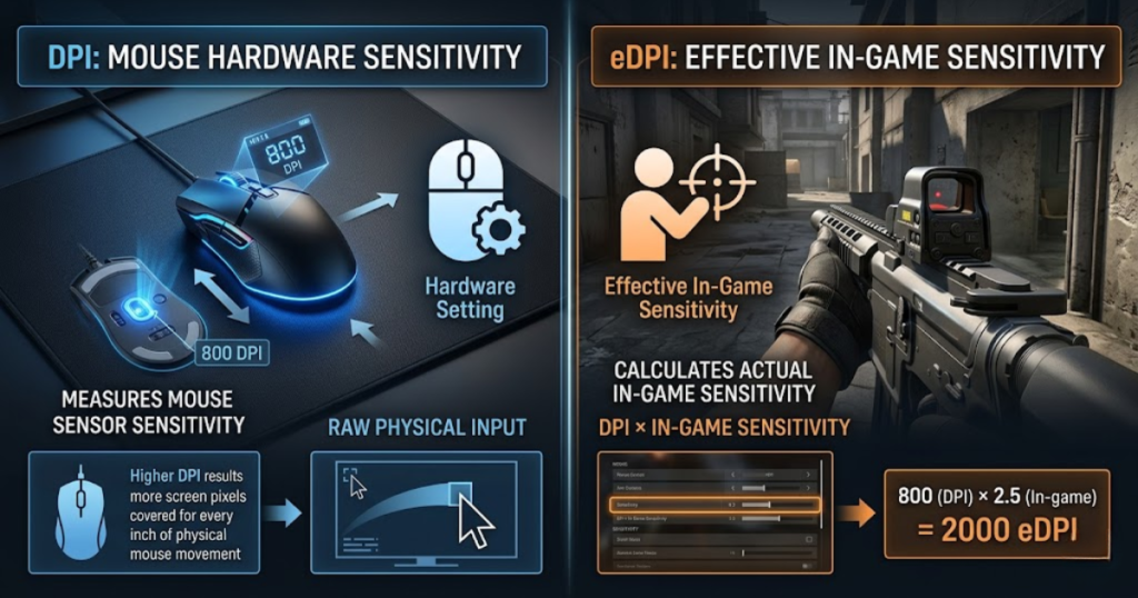 Side-by-side comparison of DPI hardware sensitivity and eDPI effective sensitivity in FPS games.