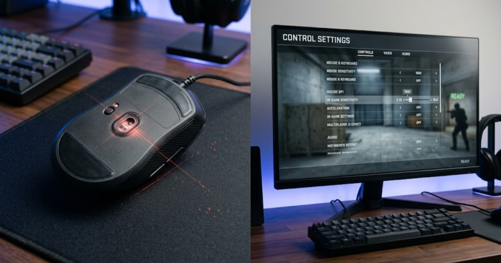 Gaming mouse sensor and FPS game settings screen illustrating the difference between DPI and sensitivity controls