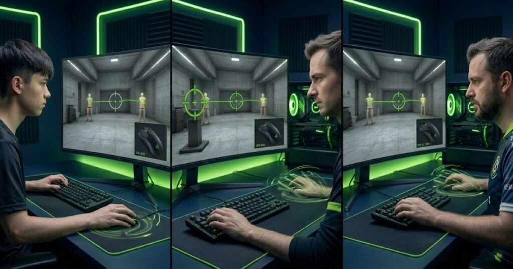 Three FPS players using different DPI settings that result in similar overall mouse sensitivity.