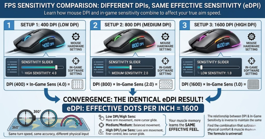 Three FPS sensitivity setups using different DPI values but producing the same eDPI result.