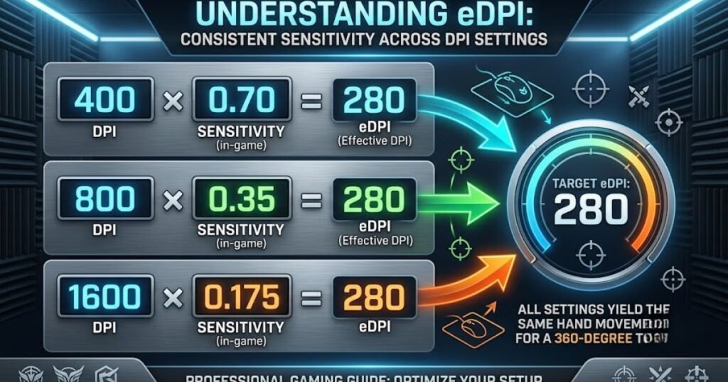A diagram showing three different DPI and sensitivity combinations resulting in 280 eDPI